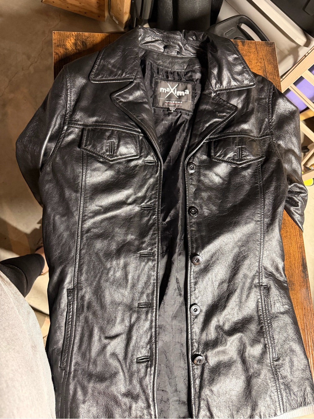 Wilson Black Leather Trench Coat with Button Front